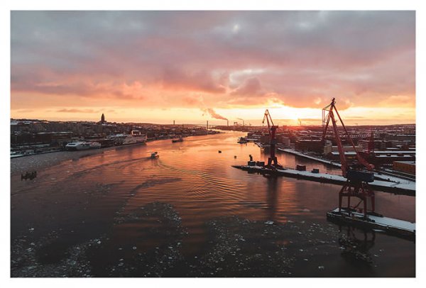 Fotokonst Solnedgång över hamnen Göteborg